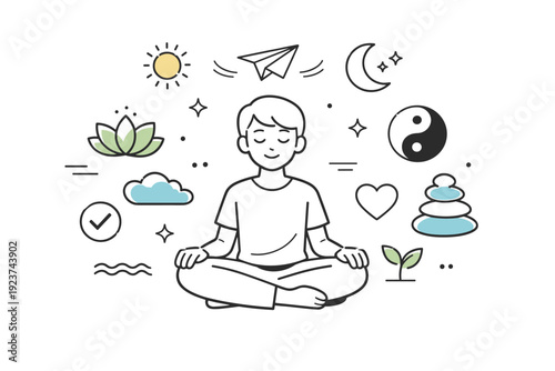 Mental wellness moment. A person sits calmly with eyes closed, surrounded by gentle symbols of balance and clarity. Soft, reassuring mood with abstract icons
