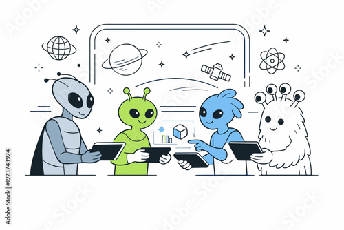 Alien collaboration in space. An editorial illustration of diverse alien characters exchanging data tablets and holographic symbols inside a