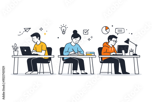 Parallel presence without interaction. People working silently at separate desks in a shared space, focused on individual tasks. Calm