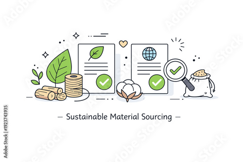 Sustainable material sourcing. Natural elements like leaves, fibers, and raw materials shown alongside documents and checkmarks, symbolizing
