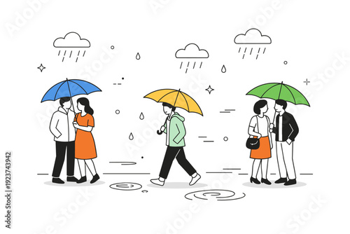 Quiet street in weather. A small group under umbrellas standing or walking slowly in an open space. Muted mood of rain or heat softened by