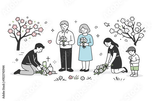 Spring national remembrance illustration. A calm editorial scene with people standing quietly among blooming trees, laying flowers in a respectful gesture.
