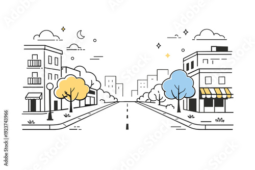 Stillness in the city. A silent street framed by buildings and trees, with no visible activity and soft daylight filling the space. The