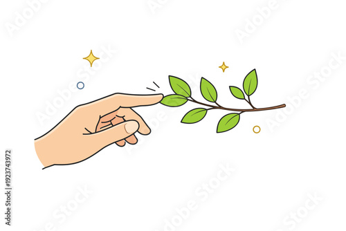 Hands touching new leaves. A gentle hand reaching toward fresh green leaves on a small branch, fingers barely making contact. Quiet curiosity and early spring