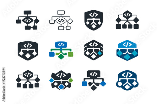Code complexity analysis. Icon set. Set Logo of Code complexity analysis: flowchart decision tree. harmonious logo variations of the same emblematic concept,