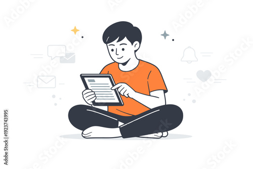 Mindful news reading. A person slowly scrolling text on a tablet while notifications fade into the background. Focused and calm mood with minimal visual noise.