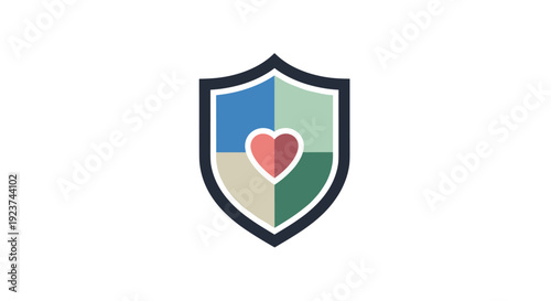 A graphic shield icon features a central red heart within four distinct colored quadrants on a clear white background, Generative AI.