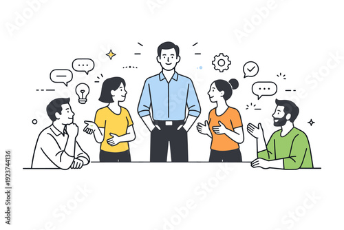 Leadership and management concepts with people. A team leader stands calmly at the center while team members gather around, listening and exchanging ideas.