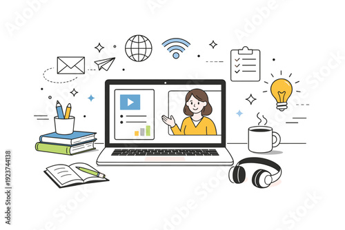 Study from home. Online lesson on a screen with teacher window and simple study icons floating nearby, suggesting remote education and
