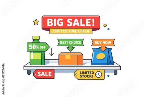 Supermarket promotions visualized as a featured product shelf with bold sale signage and simple directional arrows, highlighting visibility,