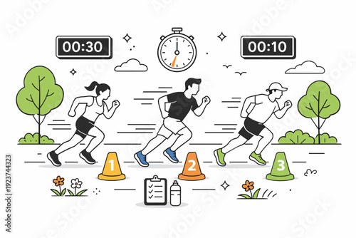 Outdoor interval running scene. Runners accelerating in sets with track markers and timers, surrounded by spring trees and greenery, conveying endurance, pace,