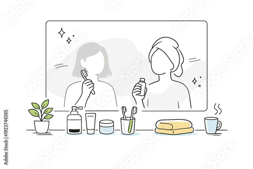 Mirrors without faces. Editorial bathroom scene with a fogged-up mirror, shapes barely visible behind the steam. Subtle mood of quiet