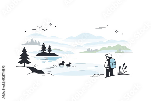Mist and fog nature backgrounds. Modern editorial illustration showing layered landscapes fading into fog, with soft silhouettes and muted contrasts. The scene