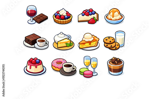 Dessert Pairings. Colorful isometric vector icons set of Dessert Pairings: chocolate and red wine, fruit tart with cream, cheesecake and