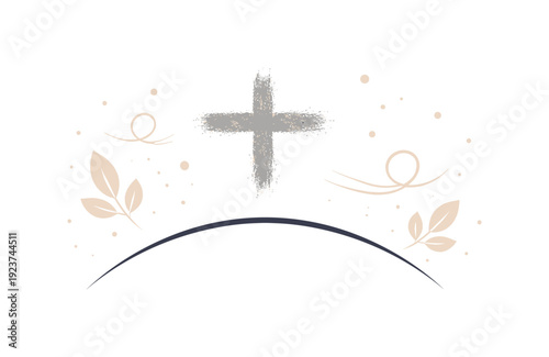 Ash Wednesday. A simple cross made from soft ash-like strokes above a curved line representing a forehead, surrounded by symbolic air and