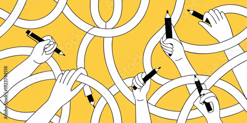 Hands drawing swirling lines and holding pencils on a yellow background