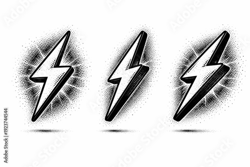 Electric outline symbol object shown in three views including front view, side view, and three-quarter view focusing on sharp contours and