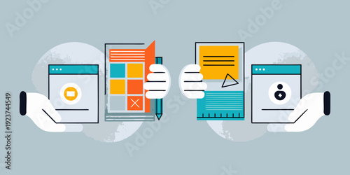 Hands interacting with mobile phone screens displaying different interfaces