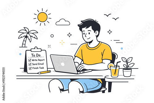 Summer deadline management. Individual working calmly on a laptop with a short task list nearby, relaxed posture. Focused progress without pressure in a warm