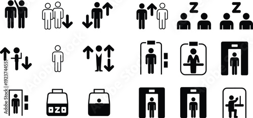Set of Minimalist Public Infrastructure Icons Featuring Airport Security Scanners, Elevator Movements, Resting Areas, Hotel Reception Desks, and Directional People r Modern Wayfinding Design