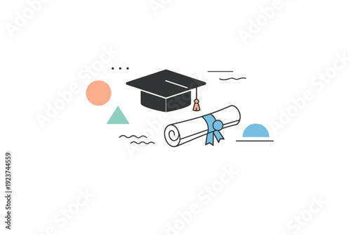 Graduation season abstract symbols. A clean abstract composition featuring a cap, diploma, and simple geometric shapes arranged with plenty of white space. The