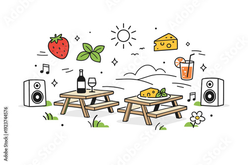 Spring food festivals. Abstract spring landscape with minimal food icons?strawberries, herbs, cheese, drinks?floating around picnic tables