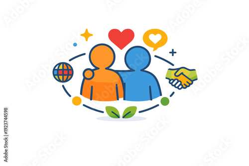 Human connection compact editorial badge with human figures and connecting elements arranged harmoniously, communicating belonging, empathy,