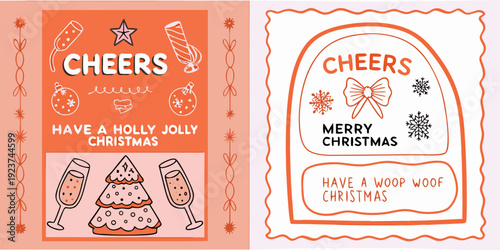 Festive christmas cards with champagne glasses stars and holiday greetings