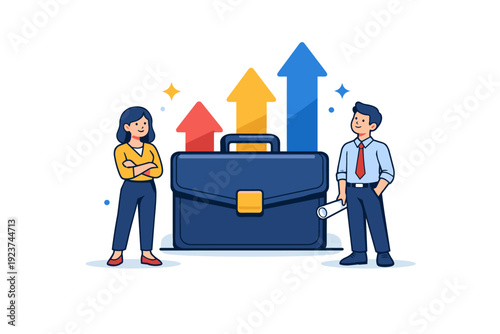 Young professionals career growth concept with upward arrows, briefcase, and subtle star accents, representing progress, confidence, and