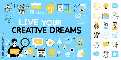 Colorful illustration promoting creativity dreams and various inspirational icons