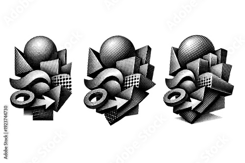 Abstract halftone collage shape illustrated as a single composite overlay object shown in frontal view, offset angled view, and three-quarter
