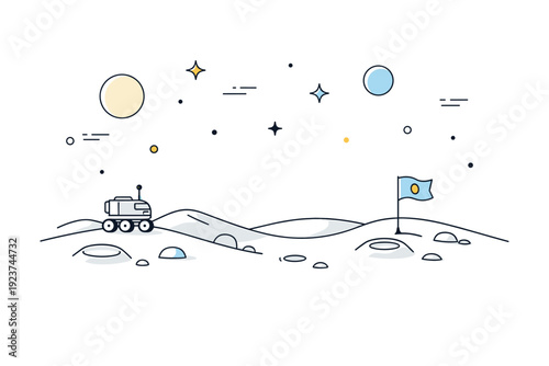Moon landscape surface. A calm lunar scene with soft hills, craters, and a small flag or rover standing quietly on the surface. Peaceful