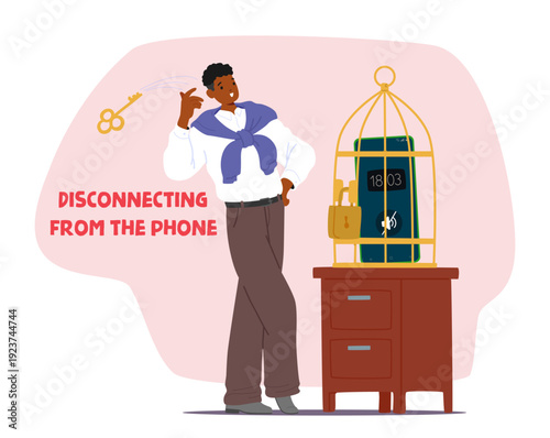 Man locked his phone in cage celebrating disconnecting from gadget and successful digital detox