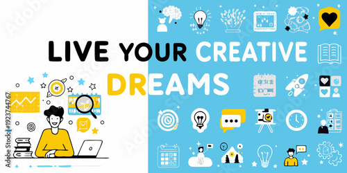 Live your creative dreams illustration with design and idea icons