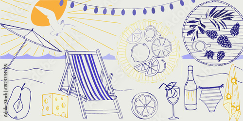 A summery illustration featuring beach elements and vibrant citrus fruits