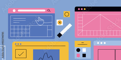 Digital interface elements including windows a hand and design tools