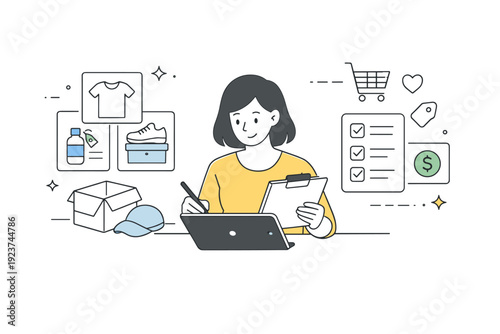 Running an online store. A business owner arranging products for upload on a tablet, thoughtfully checking inventory and descriptions. The