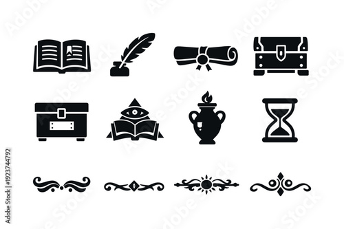 Ancient knowledge preservation. Filled icon set of Ancient knowledge preservation: open