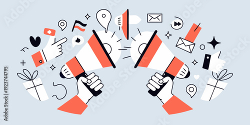 Hands holding megaphones with floating icons and design elements