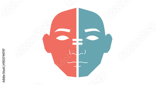 A graphic illustration shows a human face vertically divided into two distinct halves one red and one blue with an equality symbol at the center, Generative AI.
