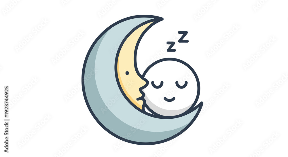 Obraz premium A whimsical cartoon shows a large crescent moon sleeping peacefully while cradling a smaller round sleeping face with Zzz letters above, Generative AI.