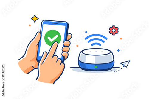 Setting up a smart device hands holding a phone while a device activates nearby, symbolizing guidance, simplicity and successful configuration. A modern