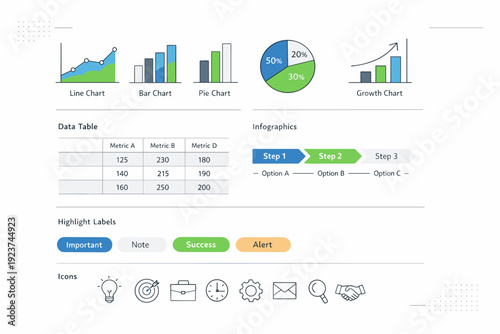 Business presentation toolkit. Charts, tables, icons, and highlight labels presented as a cohesive asset set. Professional and trustworthy