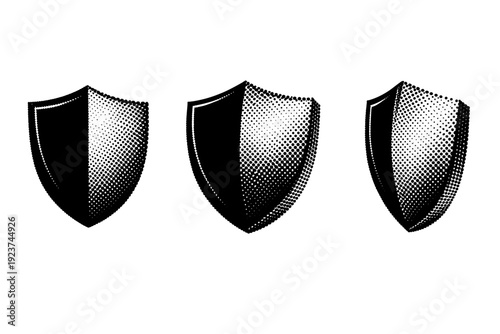 Cybersecurity shield technological guard icon. Black and white dot style with halftone texture and high contrast. Halftone texture with