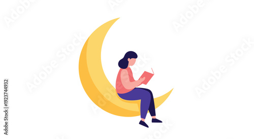 A serene woman with dark hair peacefully reads an open book while comfortably seated atop a large bright yellow crescent moon, Generative AI.
