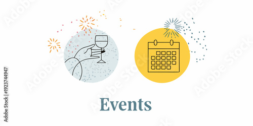 Celebratory icons depicting champagne calendar and fireworks for events