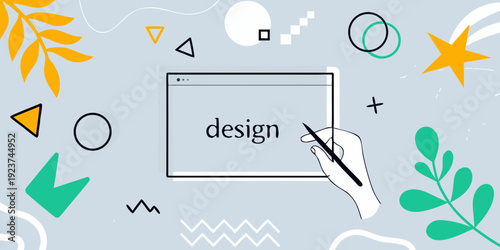 Digital design interface with a stylus and abstract geometric elements