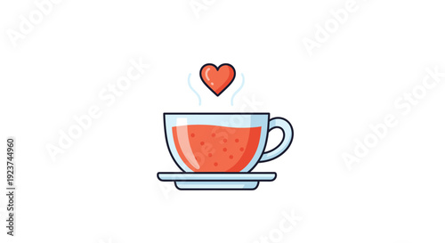 A clear glass teacup filled with a warm reddish beverage sits on a saucer with a small red heart hovering above it, Generative AI.