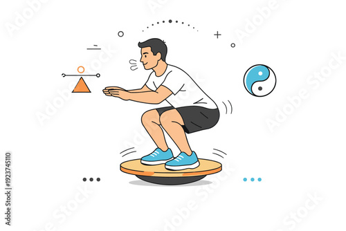 Core Stability Exercise. Core stability exercise on a wobble board. Athlete maintaining balance while gently bending knees, steady breathing and controlled