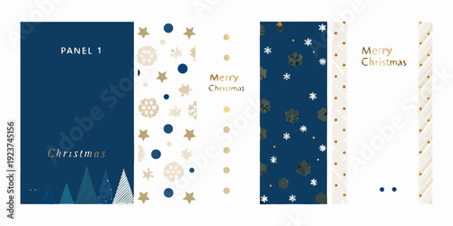 Four vertical christmas card designs with varying patterns and colors